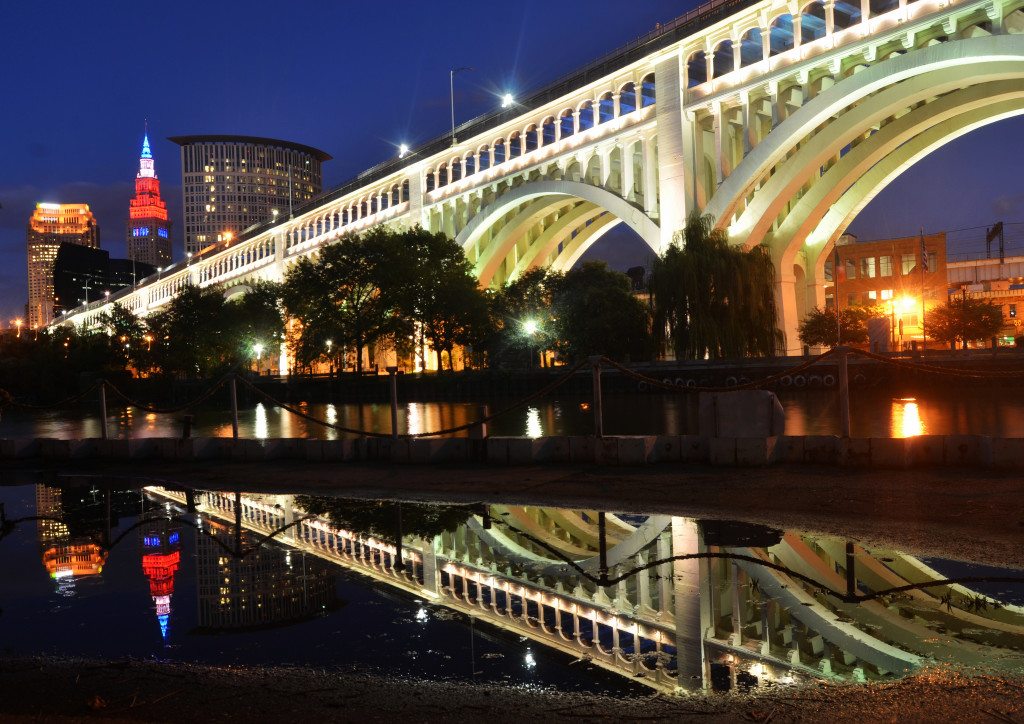 Cleveland, Ohio skyline with bridge at night